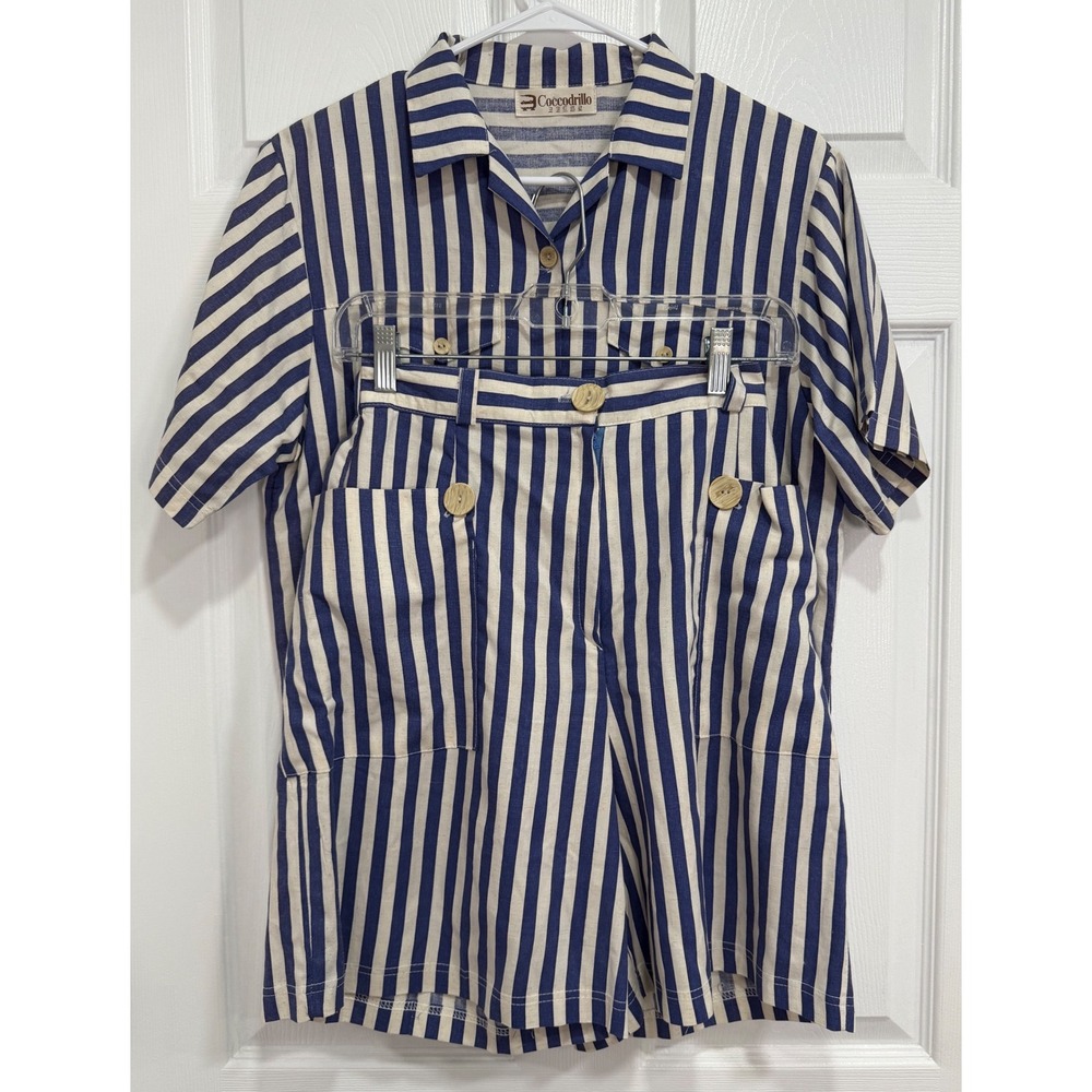 Vintage Coccodrillo Women's Linen Cotton Striped 2 Piece Shirt Shorts Set M